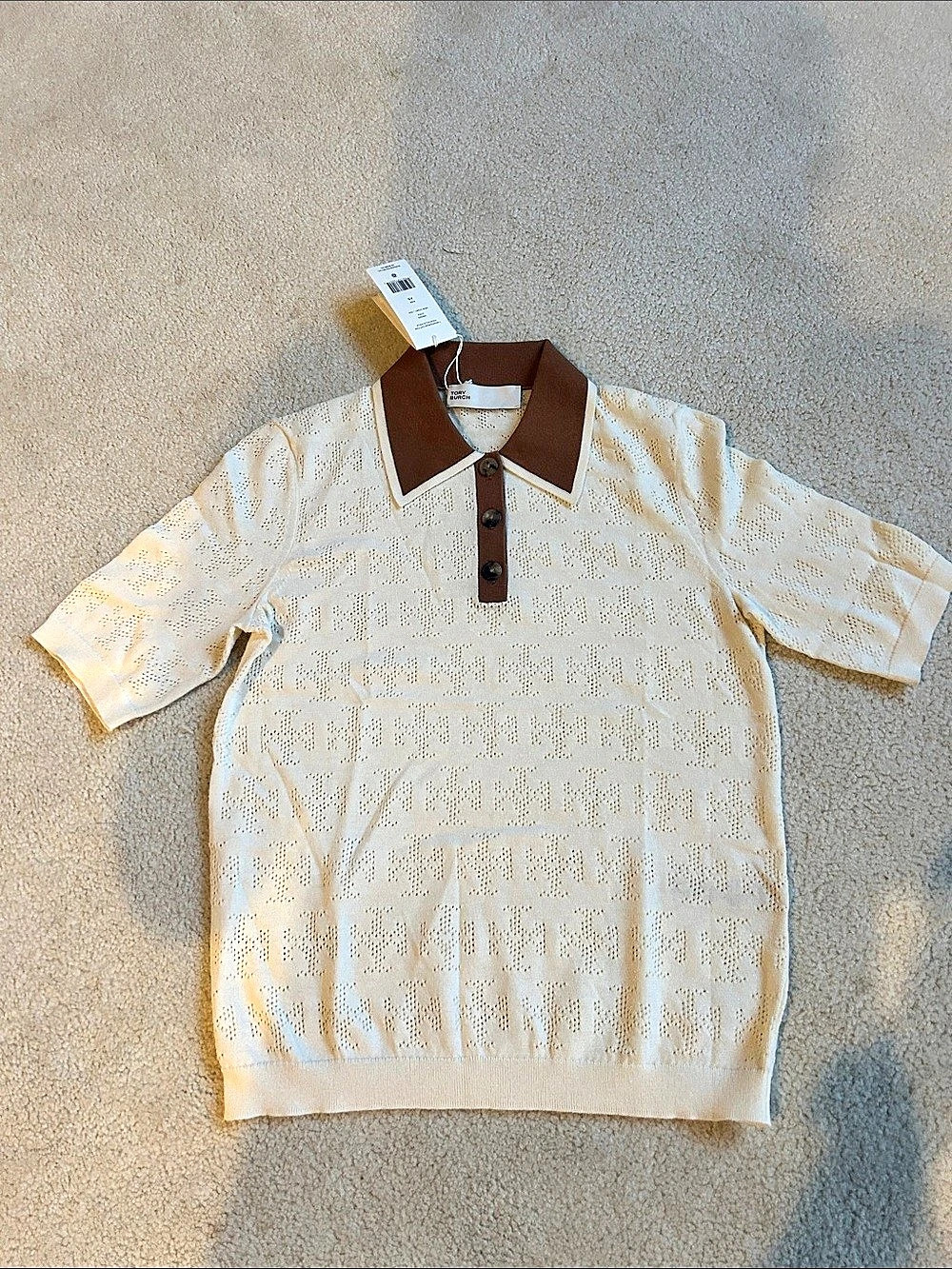 Tory Burch T Monogram Cotton Pointelle Polo Pointelle Polo in Cream & Brown NWT
